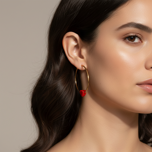 Cose E Bijoux gold hoop earrings featuring a small red heart charm worn by a woman with dark hair