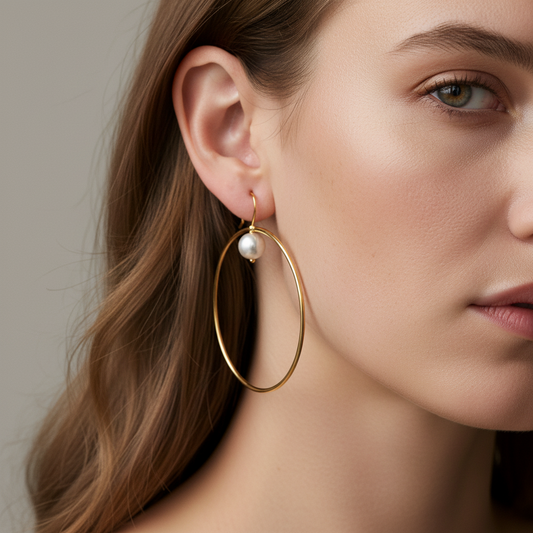 Cose E Bijoux Mirta gold-plated hoop earrings with a suspended Majorca pearl worn by a woman