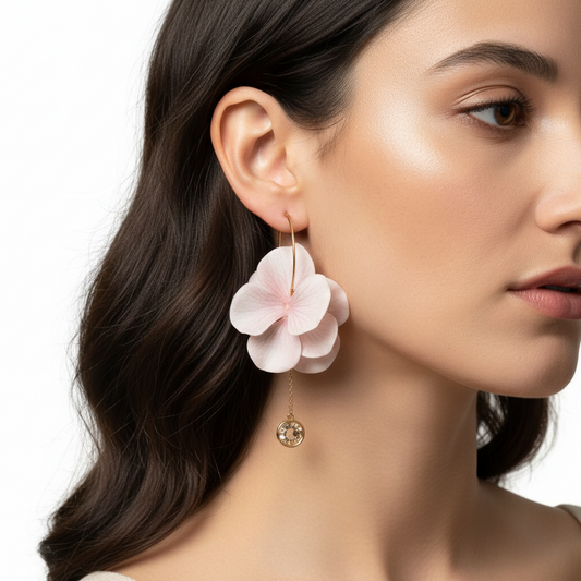 Cose E Bijoux Romance earrings featuring handmade light pink fabric flower petals on a gold 925 silver hoop