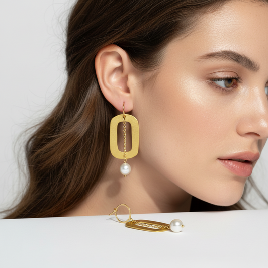 Cose E Bijoux Sahara gold geometric earrings with hanging pearl detail worn by a woman