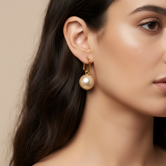 Cose E Bijoux Fariba earrings featuring a square gold-plated link and a large 12mm Mallorca pearl on a model