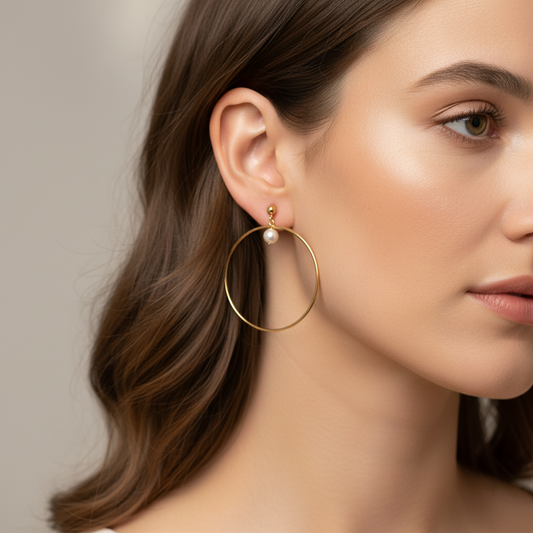 Cose E Bijoux Day in Paris gold hoop earrings with a suspended Mallorca pearl worn by a woman with wavy hair