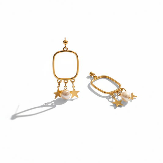 Cose E Bijoux gold-plated 925 silver rectangular hoop earrings with dangling star charms and baroque pearls