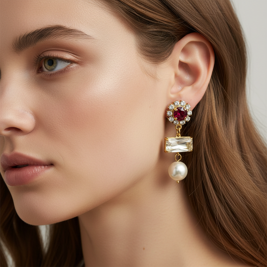 Cose E Bijoux Nightlight earrings featuring a ruby red rhinestone, clear crystal, and a white Mallorca pearl.
