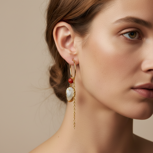 Cose E Bijoux Treasure earrings featuring red coral, shell, and gold chain detail worn by a woman